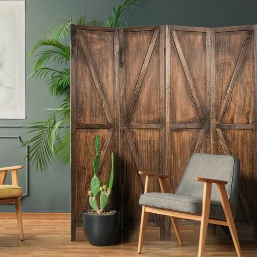 4 Panels Folding Wooden Room Divider-Brown - Color: Brown