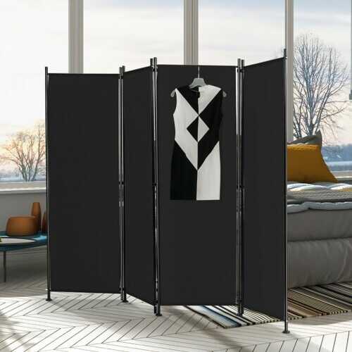 4-Panel Room Divider Folding Privacy Screen-Black - Color: Black